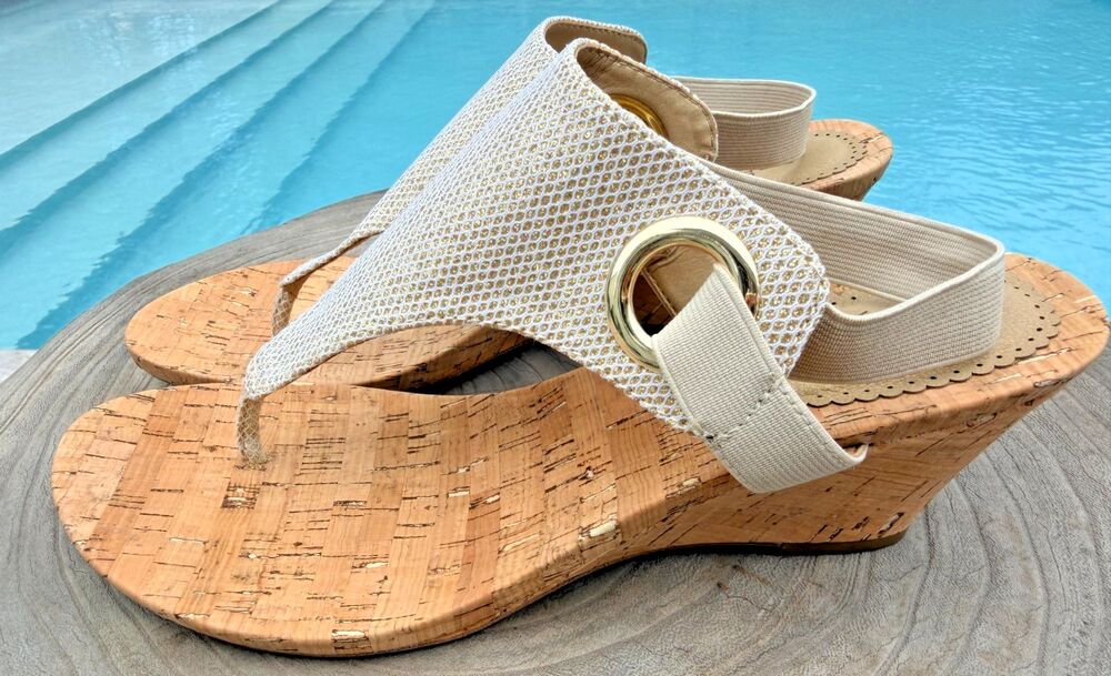 White Mountain Aida cork wedge thong sling back gold sandals sz 10
